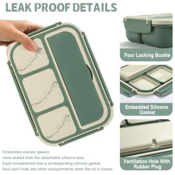 Bento Box Adult Lunch Box, Lunch Containers for Kids Girls Boys with 4 Compartments, Lunchable Food Container with Utensils, Sauce Jar, Muffin Liners, 40 Oz/5 Cup, Microwave & Dishwasher Safe, Green