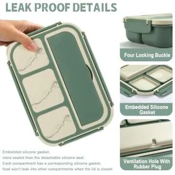 Bento Box Adult Lunch Box, Lunch Containers for Kids Girls Boys with 4 Compartments, Lunchable Food Container with Utensils, Sauce Jar, Muffin Liners, 40 Oz/5 Cup, Microwave & Dishwasher Safe, Green