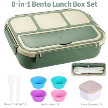 Bento Box Adult Lunch Box, Lunch Containers for Kids Girls Boys with 4 Compartments, Lunchable Food Container with Utensils, Sauce Jar, Muffin Liners, 40 Oz/5 Cup, Microwave & Dishwasher Safe, Green
