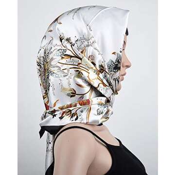 corciova 35 Large Women Silk Feeling Hair Scarf Wrap Headscarf Black White Floral Curly Headband Tie for Sleeping Bandana