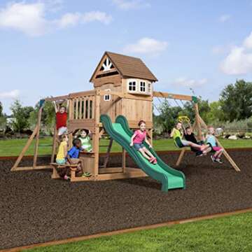 Backyard Discovery Montpelier Cedar Wood Swing Set with Wave Slide,Clubhouse, Monkey Bars, Picnic Ar...