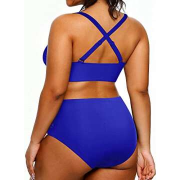Yonique Women's Plus Size Bikini High Waisted Swimwear - Royal Blue Tummy Control