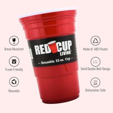 Red Cup Living 32 Oz Red Cups - Reusable Large Plastic Insulated Cup, Ideal for Parties & Travel | Unbreakable Leak-Proof Coffee Tumbler Easter Celebration Gifts, Coffee, Water, Drink Big Grip Cup