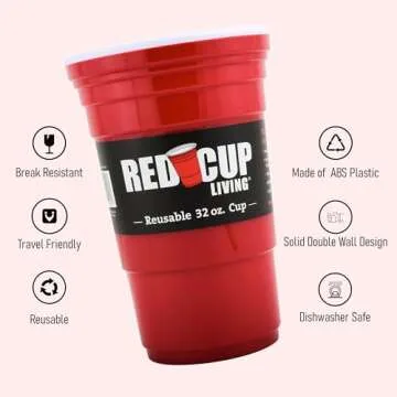 Red Cup Living 32 Oz Red Cups - Reusable Large Plastic Insulated Cup, Ideal for Parties & Travel | Unbreakable Leak-Proof Coffee Tumbler Easter Celebration Gifts, Coffee, Water, Drink Big Grip Cup
