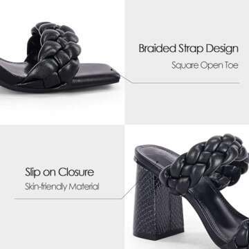 Syktkmx Womens Braided Heels Sandals Chunky Block Heel Double Strap Summer Dressy Sandal, Black, Size 8