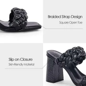 Syktkmx Womens Braided Heels Sandals Chunky Block Heel Double Strap Summer Dressy Sandal, Black, Size 8