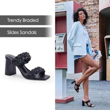 Syktkmx Womens Braided Heels Sandals Chunky Block Heel Double Strap Summer Dressy Sandal, Black, Size 8