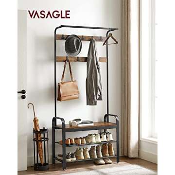 VASAGLE Coat Rack, Hall Tree with Shoe Bench for Entryway, Entryway Bench with Coat Rack, 4-in-1, wi...