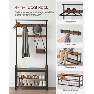 VASAGLE 4-in-1 Coat Rack with Shoe Bench
