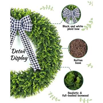 Vlorart 32" Faux Round Boxwood Wreath, Artificial Large Boxwood Wreath Front Door Wreaths Artificial Spring Summer Greenery Hanging with A Plaid Bow for Villa Wall Hanging Window Wedding Party Decor