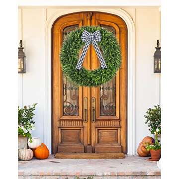 Vlorart 32" Faux Round Boxwood Wreath, Artificial Large Boxwood Wreath Front Door Wreaths Artificial Spring Summer Greenery Hanging with A Plaid Bow for Villa Wall Hanging Window Wedding Party Decor