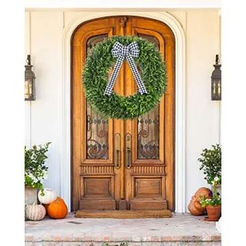 Vlorart 32" Faux Round Boxwood Wreath, Artificial Large Boxwood Wreath Front Door Wreaths Artificial Spring Summer Greenery Hanging with A Plaid Bow for Villa Wall Hanging Window Wedding Party Decor