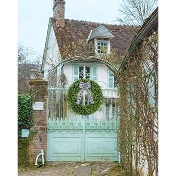 Vlorart 32" Faux Round Boxwood Wreath, Artificial Large Boxwood Wreath Front Door Wreaths Artificial Spring Summer Greenery Hanging with A Plaid Bow for Villa Wall Hanging Window Wedding Party Decor