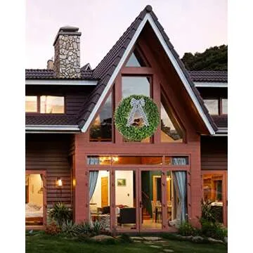 Vlorart 32" Faux Round Boxwood Wreath, Artificial Large Boxwood Wreath Front Door Wreaths Artificial Spring Summer Greenery Hanging with A Plaid Bow for Villa Wall Hanging Window Wedding Party Decor