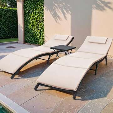 Flamaker 3 Pieces Patio Chaise Lounge with Cushions Unadjustable Modern Outdoor Furniture Set PE Wic...