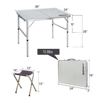 REDCAMP 3ft Folding Picnic Tables with 2 Stools Set, Lightweight Portable Outdoor Camping Table with Adjustable Heights Aluminum Legs, White