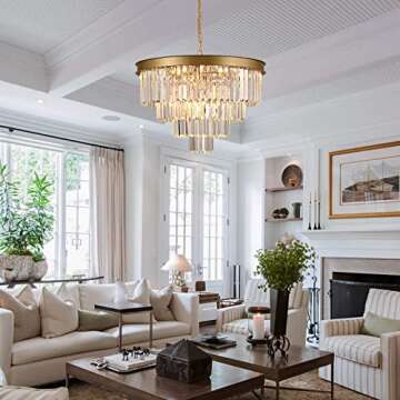 A AXILIXI Modern Crystal Chandelier Gold 24” Round Chandelier for Dining Room 12 Light Ceiling Pen...