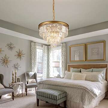 A AXILIXI Modern Crystal Chandelier Gold 24” Round Chandelier for Dining Room 12 Light Ceiling Pendant Light Fixture Raindrop Luxury Gold Flush Mount Chandelier for Entryway Living Room