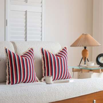 Komollocoe Farmhouse Boho Throw Pillow Covers 18x18 Inch Set of 2 for Couch Living Room Outdoor Bed Decorative Striped Tassels Accent Cushion Cases Spring Fall Decor (Red- Navy, 18x18 Inch)