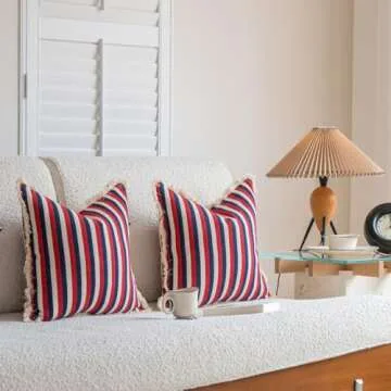 Komollocoe Farmhouse Boho Throw Pillow Covers 18x18 Inch Set of 2 for Couch Living Room Outdoor Bed Decorative Striped Tassels Accent Cushion Cases Spring Fall Decor (Red- Navy, 18x18 Inch)