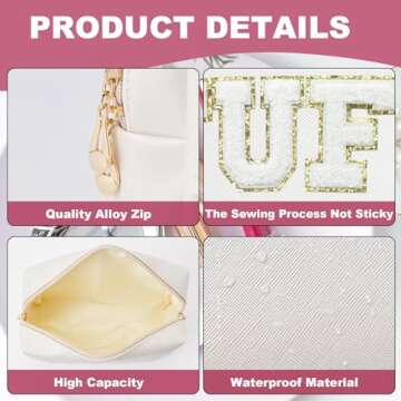 Burskit Preppy Patch Stuff Portable Makeup Bag Bulk Pu Leather Cosmetic Bag Waterproof Travel Organizer Zipper Pouch Storage Purse for Women Girls Gift (HZB-BS-STUFF)