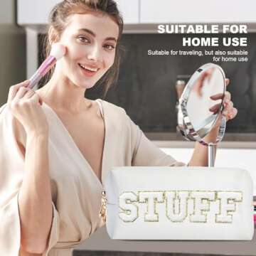 Burskit Preppy Patch Stuff Portable Makeup Bag Bulk Pu Leather Cosmetic Bag Waterproof Travel Organizer Zipper Pouch Storage Purse for Women Girls Gift (HZB-BS-STUFF)