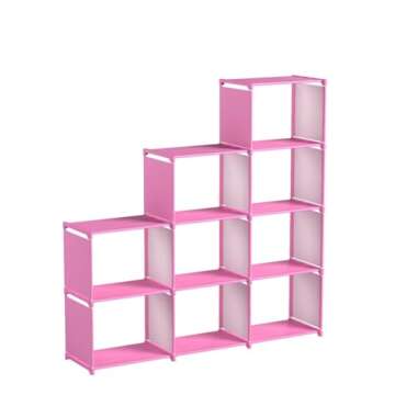 Hosmat 9-Cube DIY Children's Bookcase 30 inch Adjustable Bookshelf Organizer, Folding Storage Shelves Unit (Pink_9 Cubes)