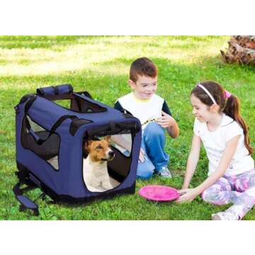 2PET Foldable Dog Crate - Soft, Easy to Fold & Carry Dog Crate for Indoor & Outdoor Use - Comfy Dog Home & Dog Travel Crate - Strong Steel Frame, Washable Fabric Cover, Frontal Zipper Medium Blue
