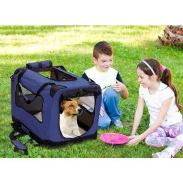 2PET Foldable Dog Crate - Soft, Easy to Fold & Carry Dog Crate for Indoor & Outdoor Use - Comfy Dog Home & Dog Travel Crate - Strong Steel Frame, Washable Fabric Cover, Frontal Zipper Medium Blue