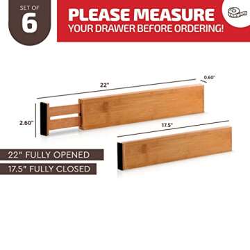 Large Kitchen Drawer Organizer - Expandable Bamboo Drawer Dividers (17" - 21.5") - Adjustable Separators for Kitchen, Clothes, Dresser, Bedroom, Bathroom, and Desk Drawers - 6 Pack