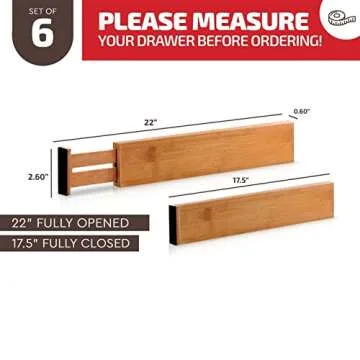 Large Kitchen Drawer Organizer - Expandable Bamboo Drawer Dividers (17" - 21.5") - Adjustable Separators for Kitchen, Clothes, Dresser, Bedroom, Bathroom, and Desk Drawers - 6 Pack