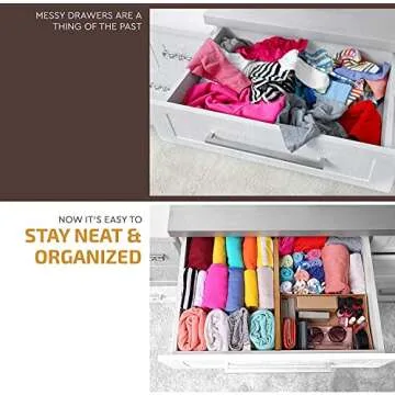 Large Kitchen Drawer Organizer - Expandable Bamboo Drawer Dividers (17" - 21.5") - Adjustable Separators for Kitchen, Clothes, Dresser, Bedroom, Bathroom, and Desk Drawers - 6 Pack
