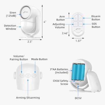 CPVAN 125dB Loud Motion Sensor Alarm with 328ft Remote Control (40ft PIR Detector, Batteries), Indoor Wireless Infrared Security Motion Detector with Siren for Home Garage Van (CP2 Pro, Whtie)