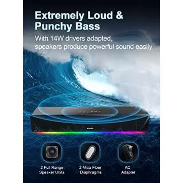 Computer Speakers, 24W Bluetooth Computer Soundbar, 3.5mm Aux-in Computer Speakers for Desktop Monitor, Computer Sound Bar with Deep Impactful Bass, Gaming Speakers for PC Powered by AC Adapter