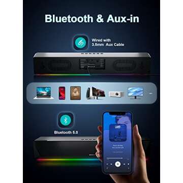 Computer Speakers, 24W Bluetooth Computer Soundbar, 3.5mm Aux-in Computer Speakers for Desktop Monitor, Computer Sound Bar with Deep Impactful Bass, Gaming Speakers for PC Powered by AC Adapter