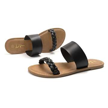 LM Women's Braided Slide Sandals Open Toe Two Strap Slip On Flat Sandals Casual Summer Shoes (10, Black)