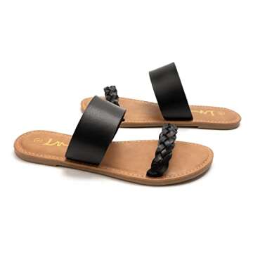 LM Women's Braided Slide Sandals Open Toe Two Strap Slip On Flat Sandals Casual Summer Shoes (10, Black)