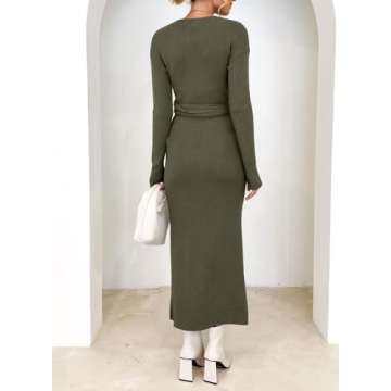 Chic Women's Knit Dress Long Sleeve V Neck Tie Waist