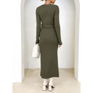 Chic Women's Knit Dress Long Sleeve V Neck Tie Waist