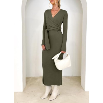 Chic Women's Knit Dress Long Sleeve V Neck Tie Waist