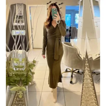 Chic Women's Knit Dress Long Sleeve V Neck Tie Waist