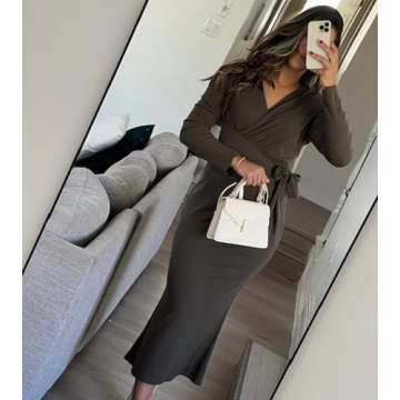 Chic Women's Knit Dress Long Sleeve V Neck Tie Waist