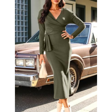Chic Women's Knit Dress Long Sleeve V Neck Tie Waist