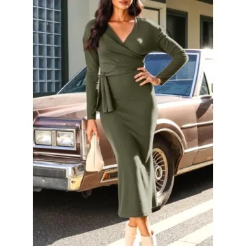 Chic Women's Knit Dress Long Sleeve V Neck Tie Waist