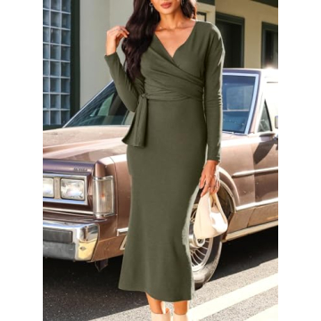 Chic Women's Knit Dress Long Sleeve V Neck Tie Waist