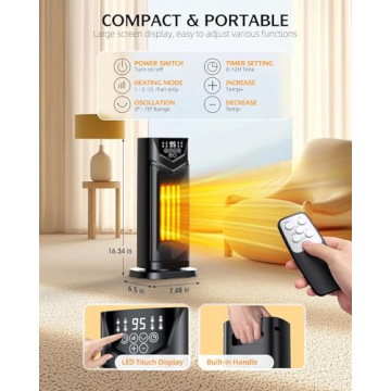 Space Heater, DUEDE 1500W Electric PTC Ceramic Heater for Indoor Use with Thermostat & 4 Fan Mode, 12H Timer, Remote, Fast & Safety Portable Room Heater for Bedroom, Office, Living Room