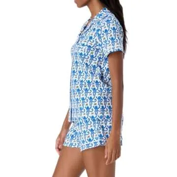 Zelbuck Womens Pajamas Set 2 Piece Button Down Monkey Bunny Shorts Set Y2k Roller Dupes Rabbit Preppy Loungewear Pjs Blue