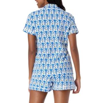 Zelbuck Womens Pajamas Set 2 Piece Button Down Monkey Bunny Shorts Set Y2k Roller Dupes Rabbit Preppy Loungewear Pjs Blue
