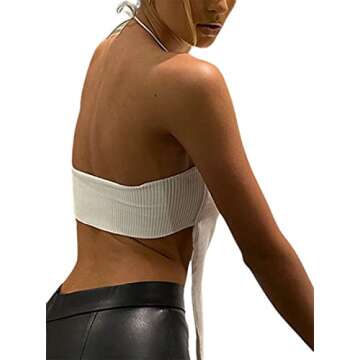 Remidoo Women's Sexy Halter Crop Top Asymmetrical Hem Ribbed Knit Cami Tank Tops White X-Small