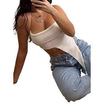 Remidoo Women's Sexy Halter Crop Top Asymmetrical Hem Ribbed Knit Cami Tank Tops White X-Small